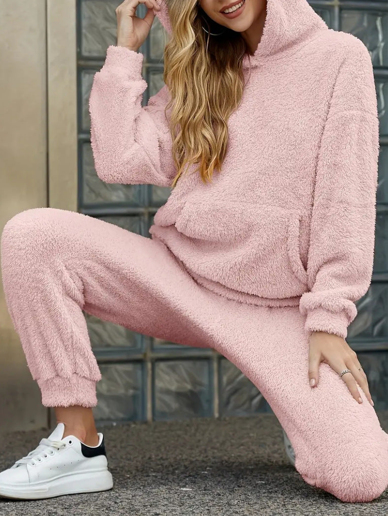 Damen nan kuscheliges Teddy-Fleece Hausanzug-Set mit Kapuze, Kängurutasche und elastischer Jogginghose Echo Archiv