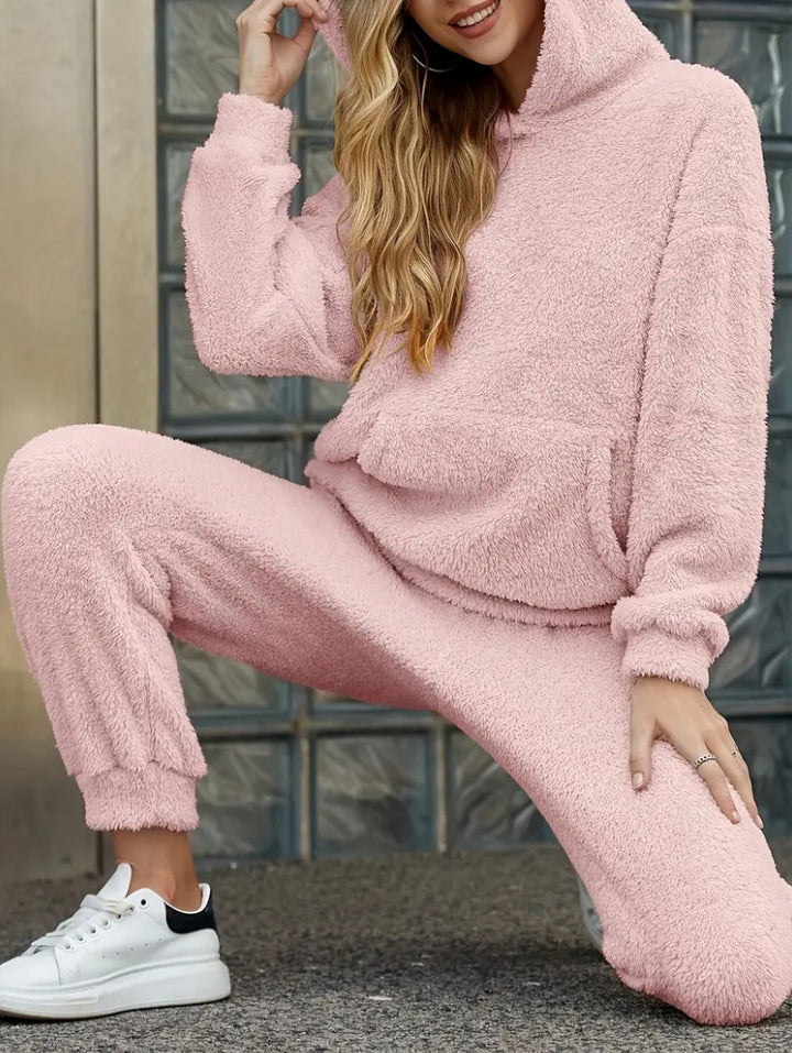Damen nan kuscheliges Teddy-Fleece Hausanzug-Set mit Kapuze, Kängurutasche und elastischer Jogginghose Echo Archiv