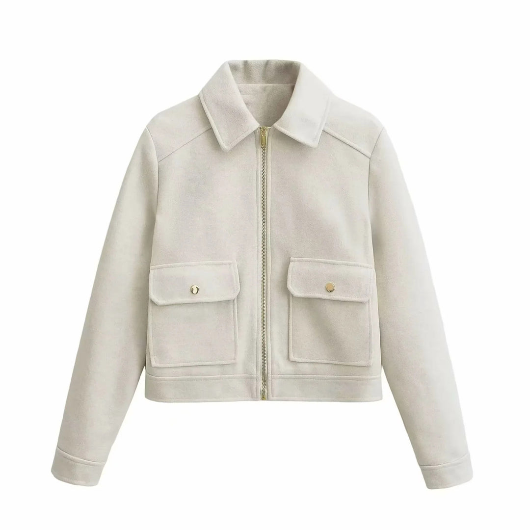 Damen boxy Wollblend Shacket mit verdecktem Metallreißverschluss, Hemdkragen und aufgesetzten Pattentaschen – Célinea