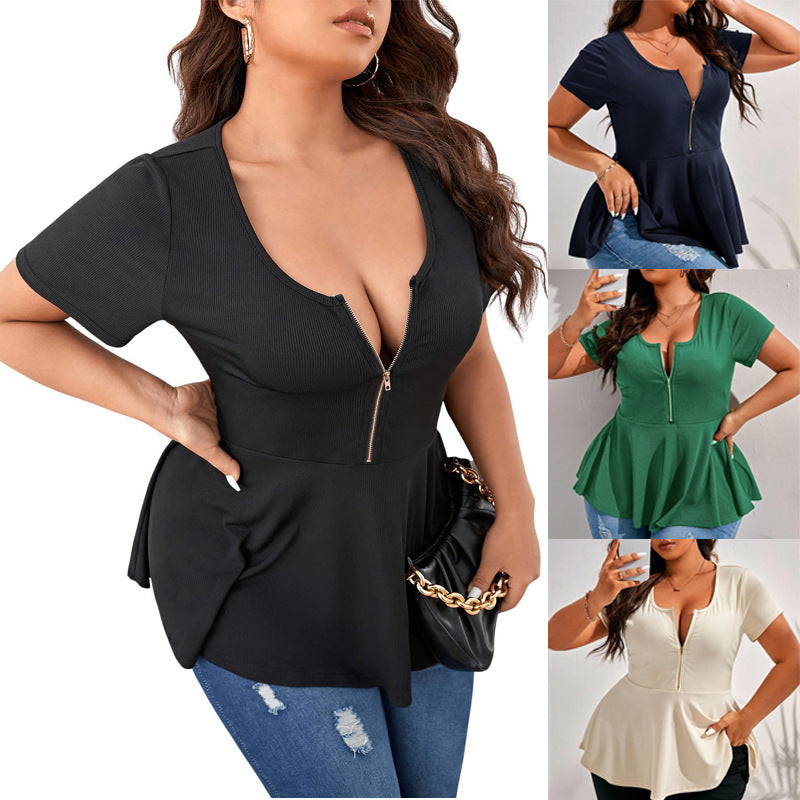 Damen Geripptes Zip-Peplum-Top mit tiefem V-Ausschnitt Echo Archiv