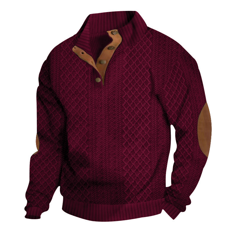 Herren nan grober Strickpullover mit Stehkragen Lederbesatz und Ellenbogenaufnähern Echo Archiv