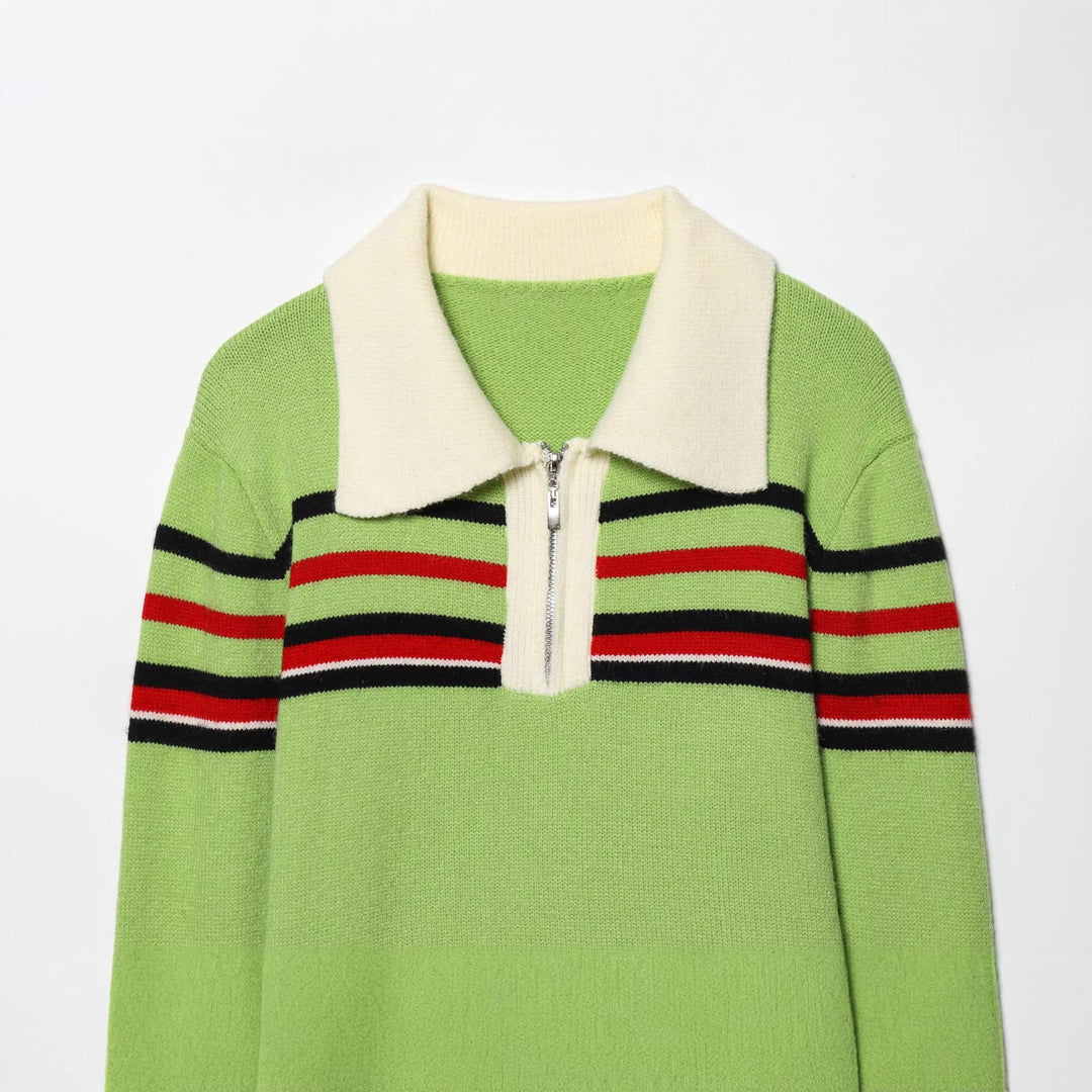 Damen nan gerippter Strickpullover mit halbem Reißverschluss, großem Kontrastkragen und gestreifter Brustpartie Echo Archiv