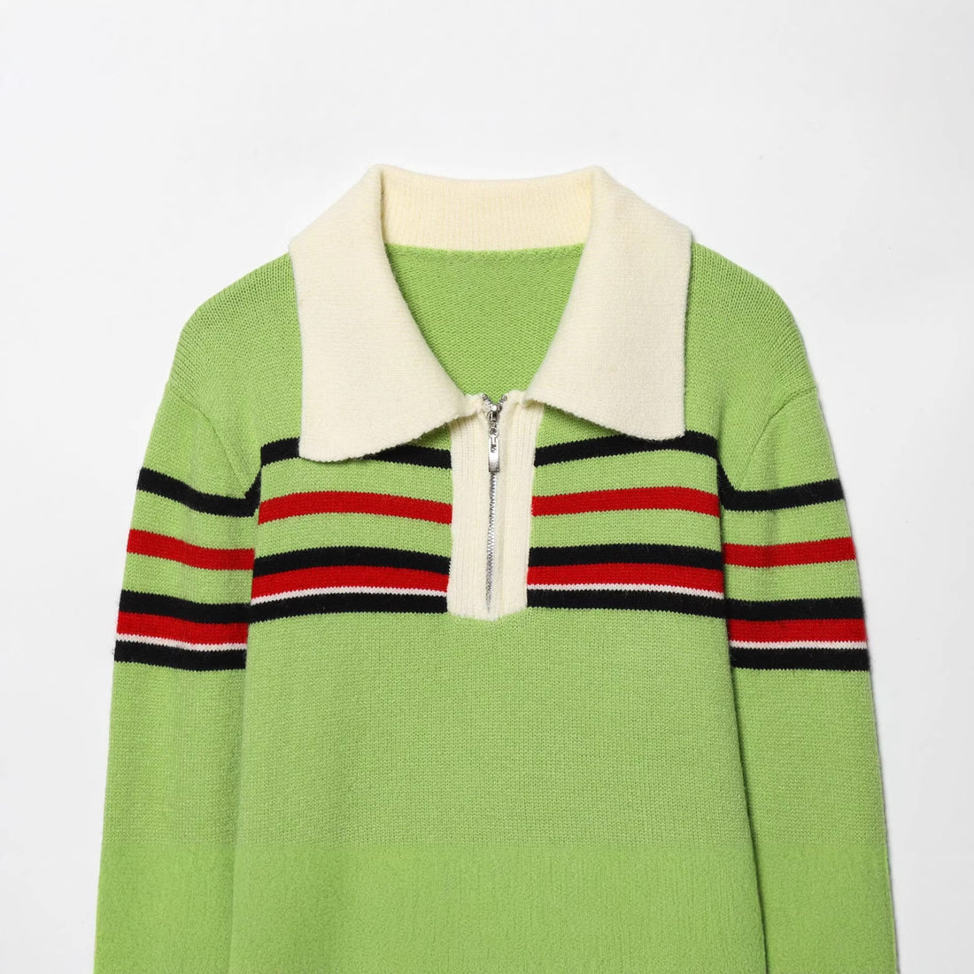 Damen gerippter Strickpullover mit halbem Reißverschluss, großem Kontrastkragen und gestreifter Brustpartie – Mavelle