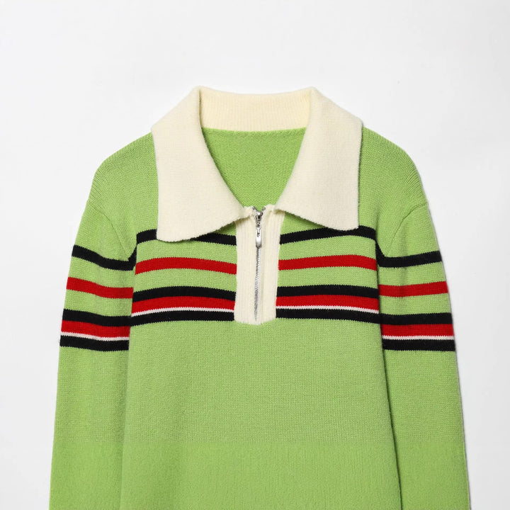 Damen nan gerippter Strickpullover mit halbem Reißverschluss, großem Kontrastkragen und gestreifter Brustpartie Echo Archiv