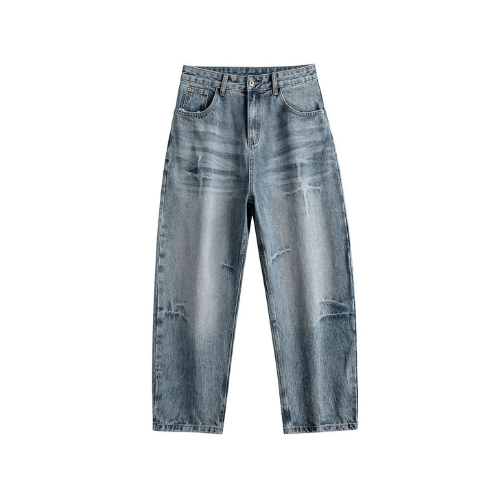 Damen Relaxed Straight taillenhohe Denim-Jeans mit Used‑Effekt und weitem Bein Echoarchiv
