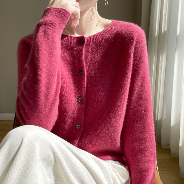 Damen Kurzgeschnittener Feinstrick-Cardigan mit Rundhalsausschnitt und schimmernder Knopfleiste Echoarchiv