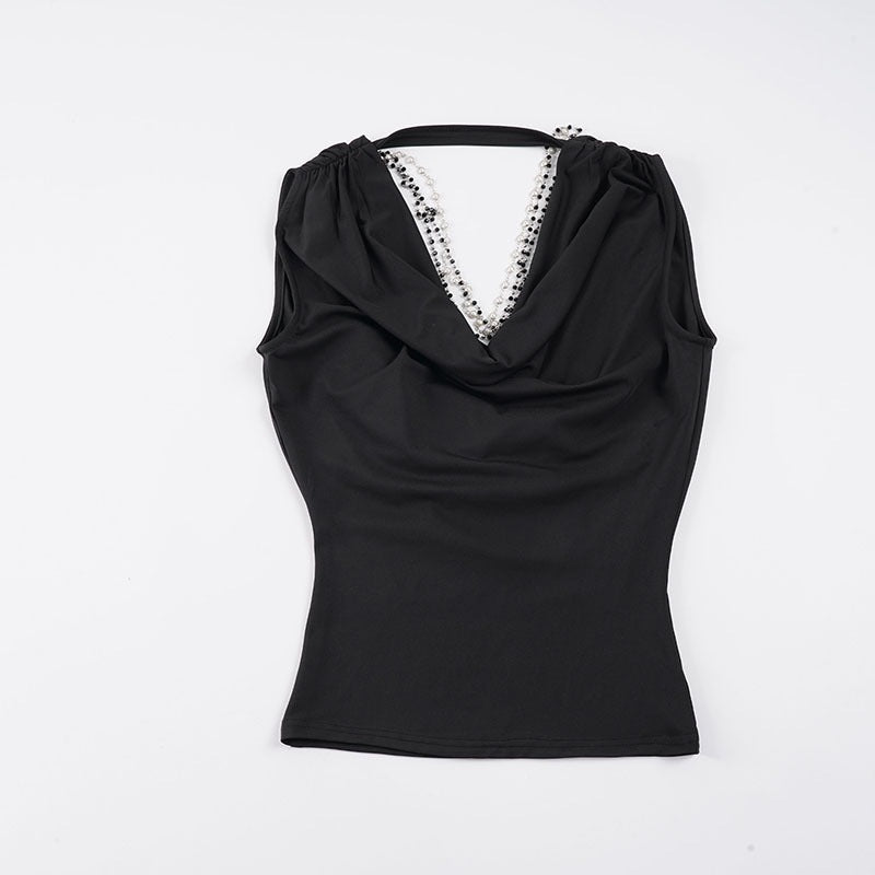 Damen elegantes Cowl Neck Tanktop mit feinen Perlenverzierungen Echo Archiv