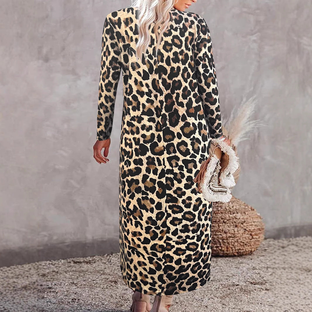 Damen Maxikleid im Hemdblusenstil mit Leopardenmuster, V-Ausschnitt und Dreiviertelärmeln – Valéora