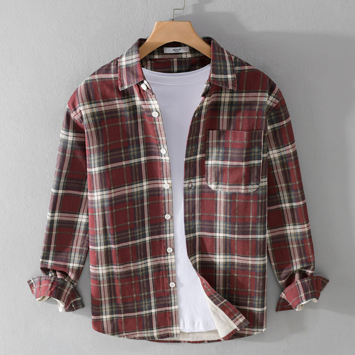 Herren Karierter Flanell-Overshirt im Vintage‑Look mit aufgesetzter Brusttasche und gerundetem Saum Echoarchiv