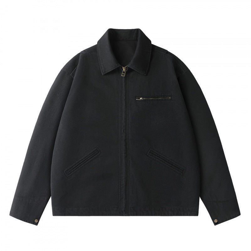 Unisex Kastenförmige Kurzjacke im Worker-Blouson-Stil mit Hemdkragen und verdecktem Reißverschluss Echo Archiv