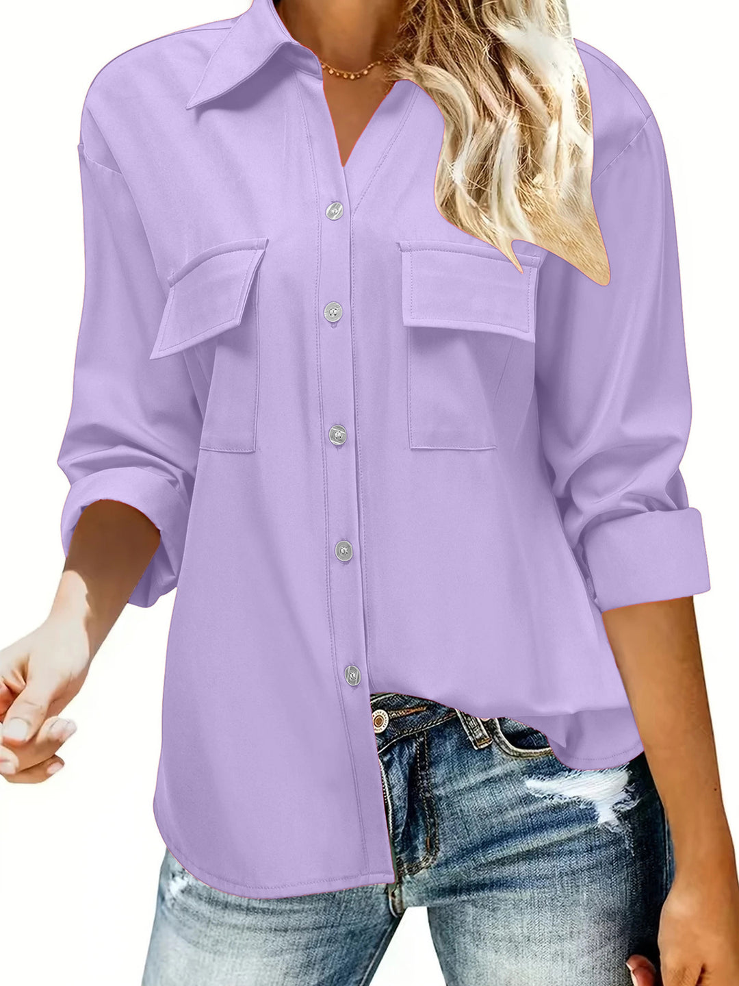 Damen Oversize-Hemdbluse mit Pattentaschen, durchgehender Knopfleiste und umgeschlagenen Ärmeln – Maréline
