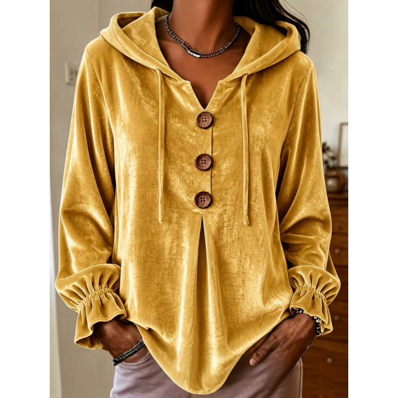 Damen Samt-Hoodie mit Holzknopfblende, Tunnelzug und gerafften Ärmeln – Auréline