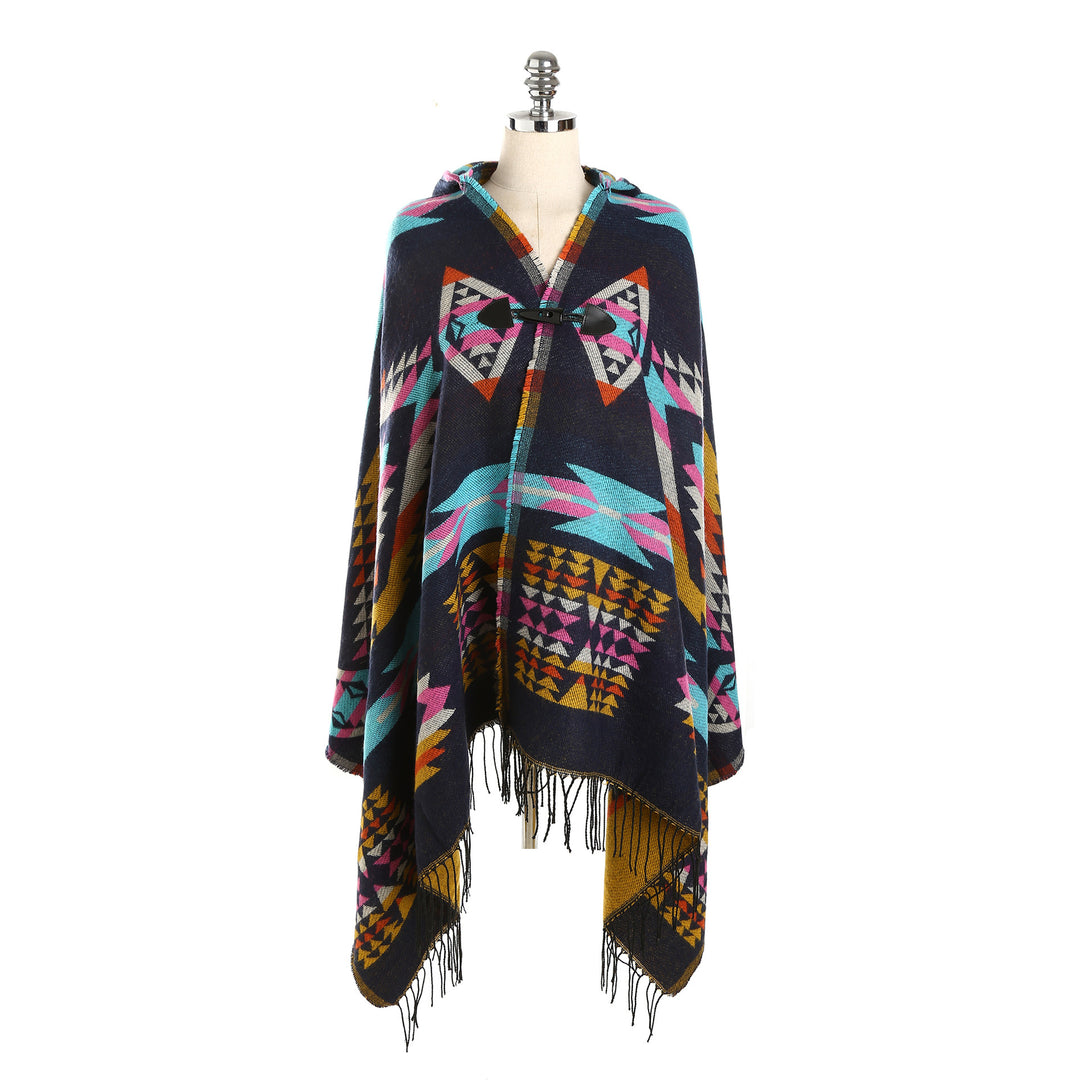 Damen Ethno-Jacquard-Poncho mit Knebelverschluss und Fransensaum Echo Archiv
