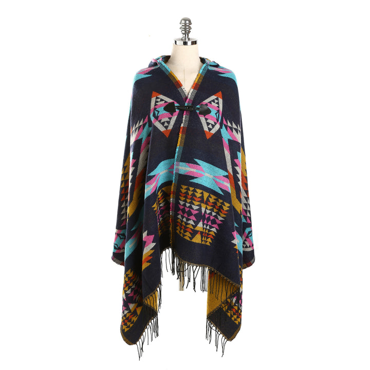 Damen Ethno-Jacquard-Poncho mit Knebelverschluss und Fransensaum Echo Archiv