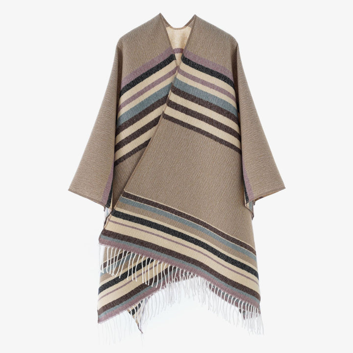 Damen Gestreifter Wollmix-Poncho mit Fransensaum – Avérine