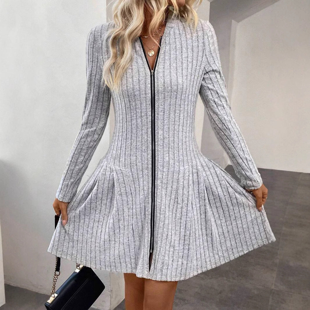 Damen Geripptes Strickkleid mit Frontreißverschluss und A-Linien-Silhouette – Avérine