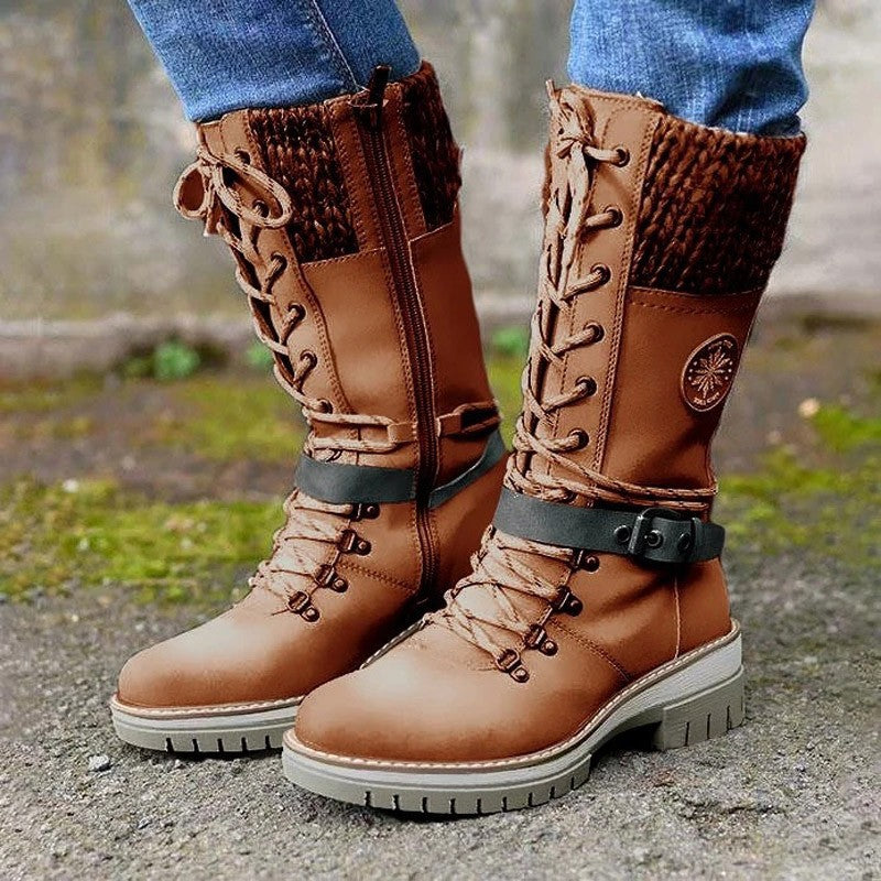 Damen nan gefütterte Schnürstiefel mit gestricktem Schaftbund, dekorativem Schnallenriemen und profilierter Gummisohle Echo Archiv