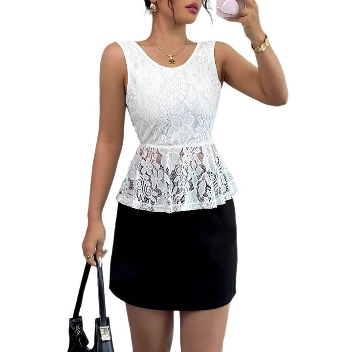 Damen nan tailliertes ärmelloses Spitzen-Peplum-Top mit gefütterter Brustpartie und transparentem Volant Echo Archiv