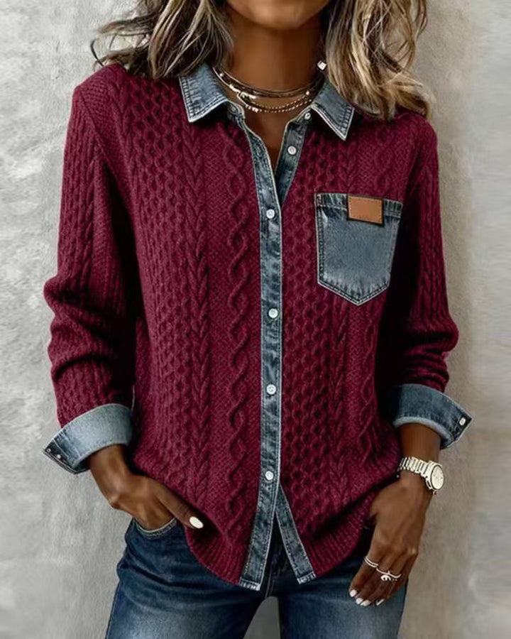 Damen nan geflochtener Strickpullover mit integriertem Jeanskragen und Brusttasche Echo Archiv