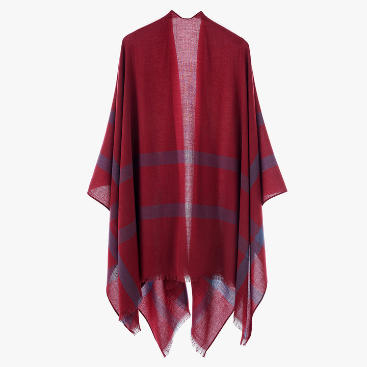 Damen leichter Feinstrick-Cape mit diagonalen Kontraststreifen und Fransen Echo Archiv