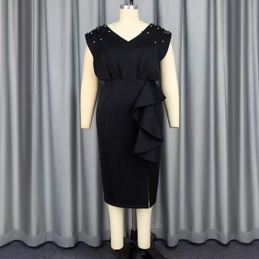 Damen elegantes Wickelkleid mit schimmernden Perlen und asymmetrischem Rüschensaum Echo Archiv