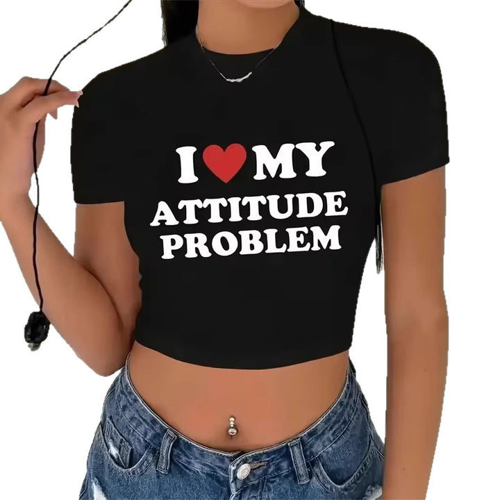 Damen Crop-T-Shirt mit kreativem Schriftzug und figurbetontem Design Echo Archiv
