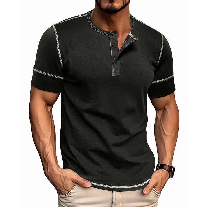 Herren Kurzarm Hemd mit modernem Henley-Kragen und stilvollen Kontrastnähten Echoarchiv