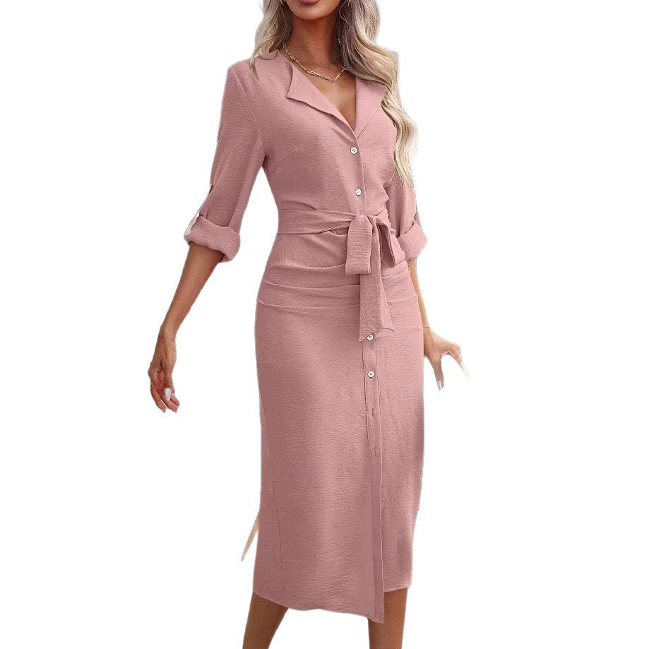 Damen Hemdblusenkleid mit Taillengürtel, Umschlagärmeln und vorderem Schlitz – Élara