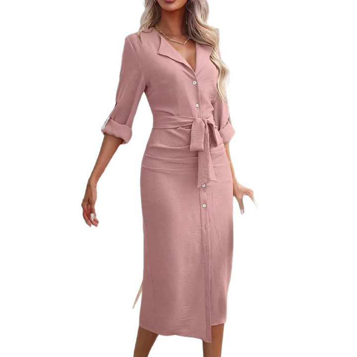 Damen Hemdblusenkleid mit Taillengürtel, Umschlagärmeln und vorderem Schlitz – Élara