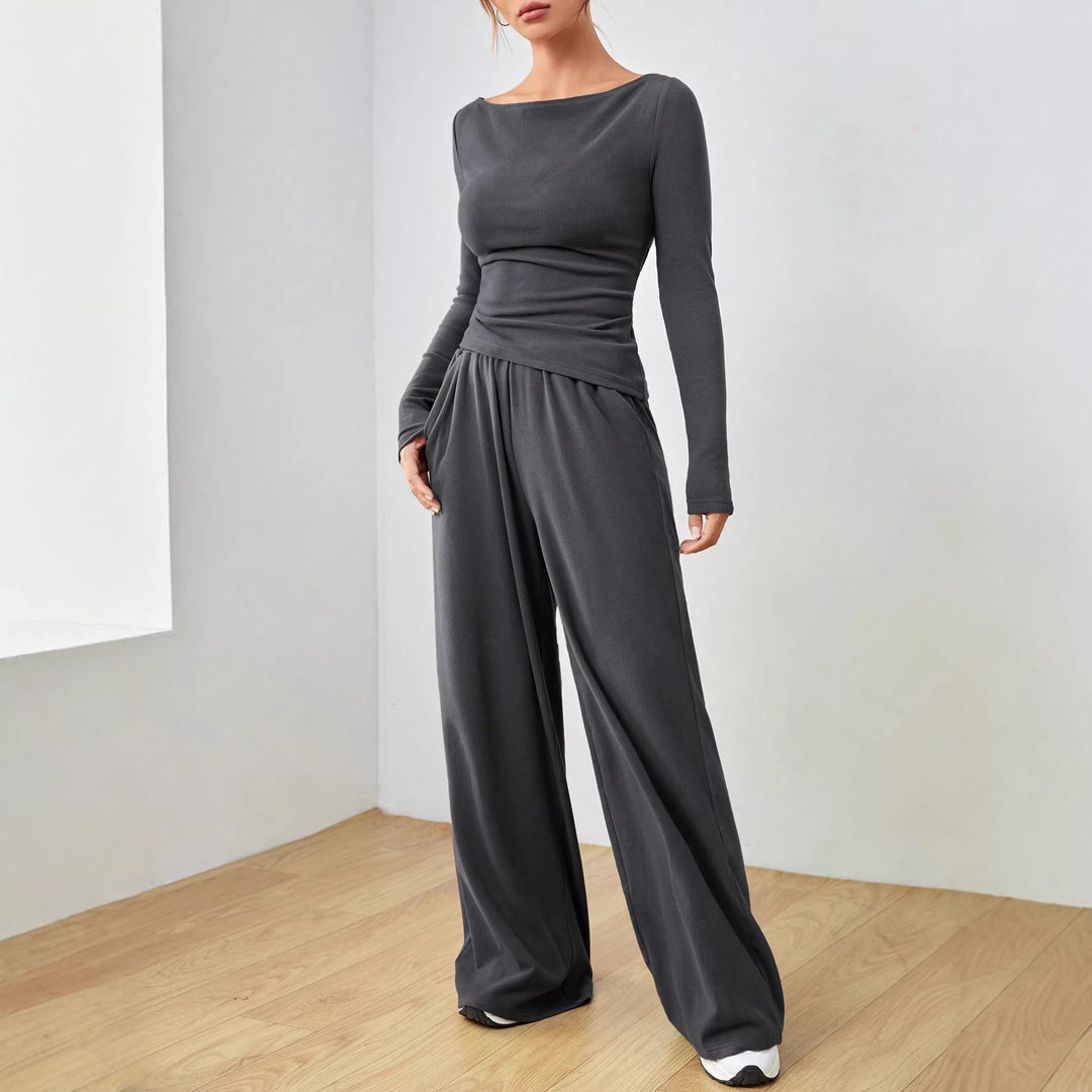 Damen Lässiges Two‑Piece Lounge‑Set mit U‑Boot‑Ausschnitt, taillierter Drapierung und weitem Palazzohose Echo Archiv