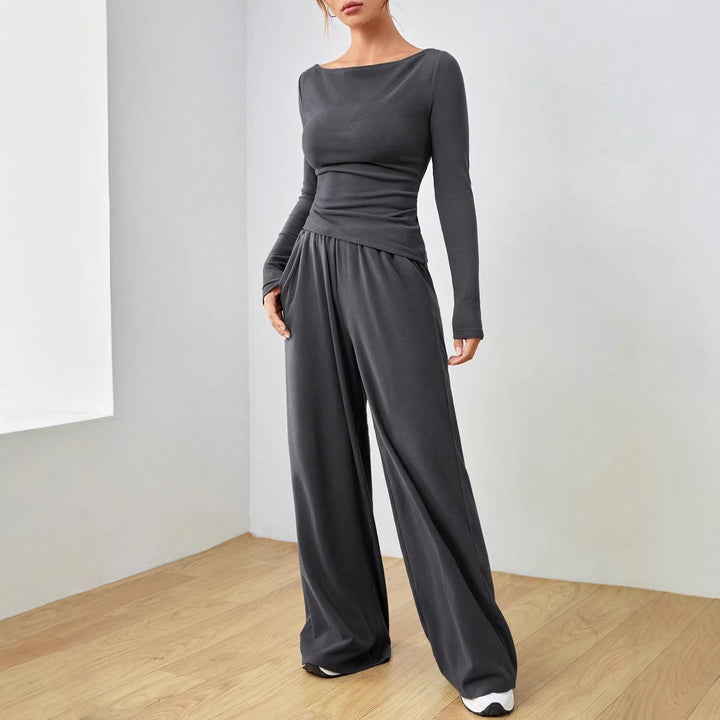 Damen Lässiges Two‑Piece Lounge‑Set mit U‑Boot‑Ausschnitt, taillierter Drapierung und weitem Palazzohose Echo Archiv