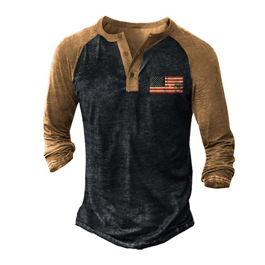 Herren Langarm Henley-T-Shirt mit kreativem Druck und stilvollem Knopfverschluss Echoarchiv