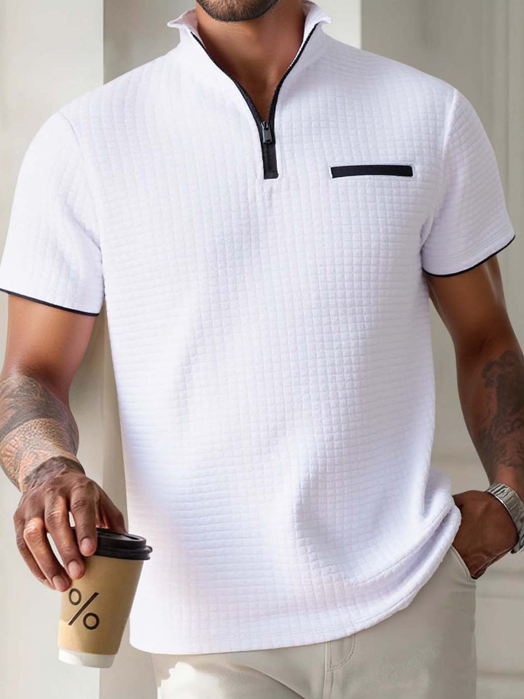 Herren modisches Kurzarm-Poloshirt mit Reißverschluss und strukturiertem Design Echoarchiv
