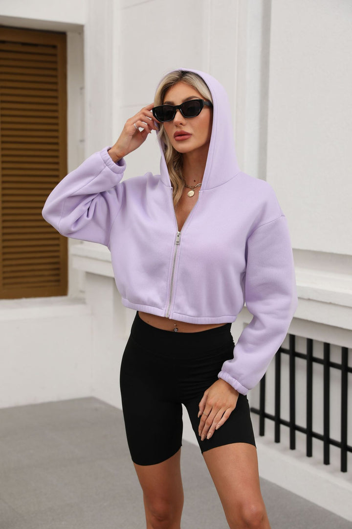 Damen Cropped Kapuzenjacke mit durchgehendem Reißverschluss und oversized Ärmeln Echo Archiv