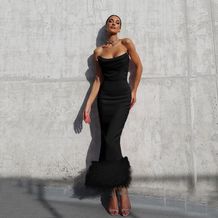Damen Elegantes Midi-Kleid mit verführerischem Federbesatz Echo Archiv