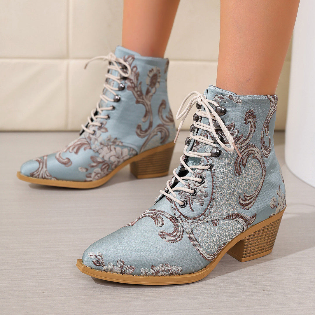 Damen bestickte Schnür-Stiefelette mit Jacquard-Brokatmuster und niedrigem Blockabsatz Echo Archiv