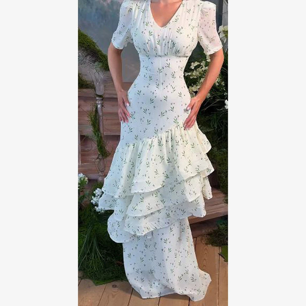Damen Maxikleid im Vintage‑Romantik‑Stil mit asymmetrischen Volants und Puffärmeln Echoarchiv