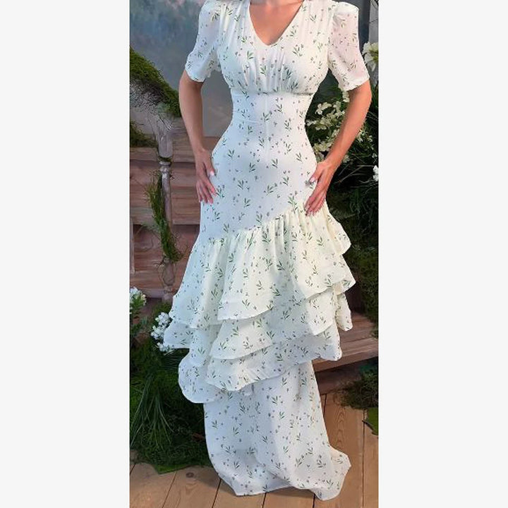 Damen Maxikleid im Vintage‑Romantik‑Stil mit asymmetrischen Volants und Puffärmeln Echoarchiv
