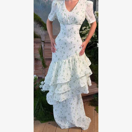 Damen Maxikleid im Vintage‑Romantik‑Stil mit asymmetrischen Volants und Puffärmeln Echoarchiv