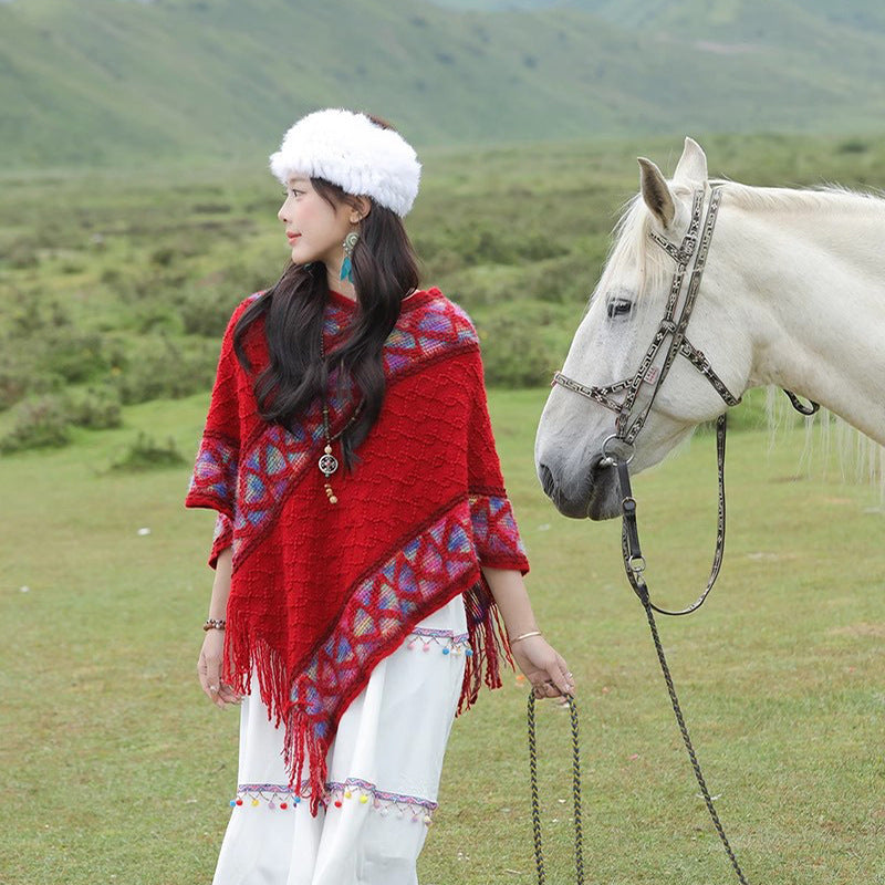 Damen Oversize-Poncho mit Fransen und geometrischem Jacquardbesatz Echo Archiv
