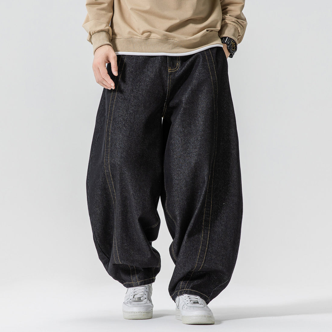 Herren Baggy-Denim-Hose mit extra weitem Bein, tiefem Schritt und sichtbaren Kontrastnähten Echo Archiv