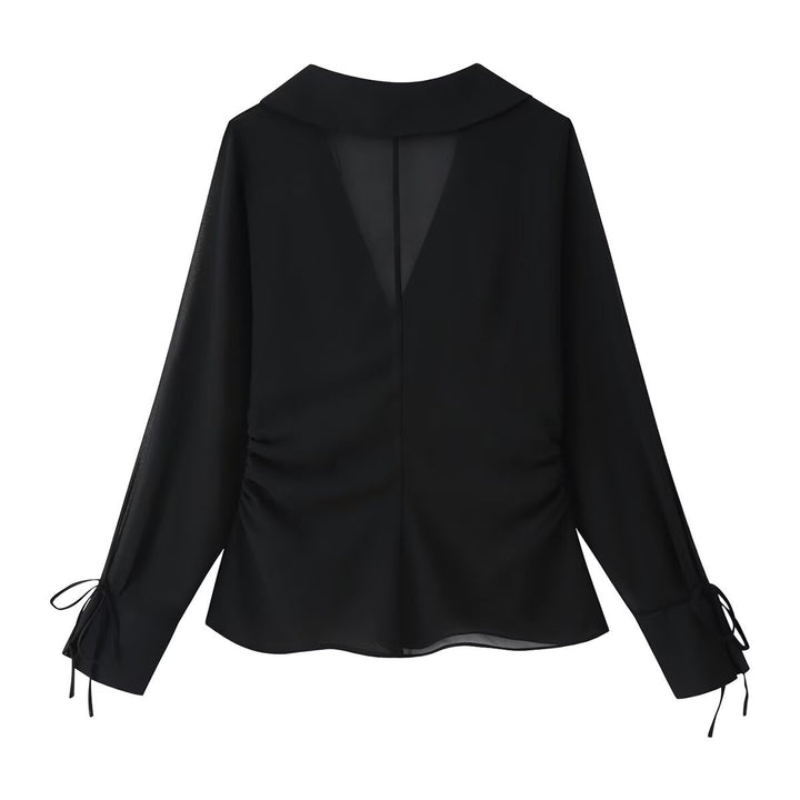 Damen Chiffon-Bluse mit Pailettenbesatz, tiefem V‑Ausschnitt und Bindeband Echo Archiv