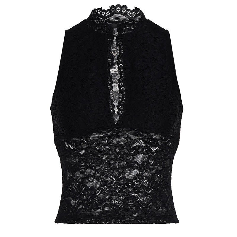 Damen Spitzen-Crop-Top mit elegantem Stehkragen und transparenten Einsätzen Echo Archiv