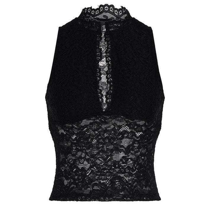 Damen Spitzen-Crop-Top mit elegantem Stehkragen und transparenten Einsätzen Echo Archiv