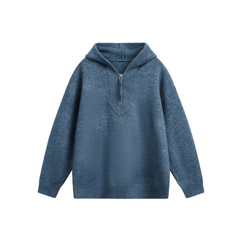 Damen Oversize-Strickpullover mit halbem Reißverschluss und Kapuzenkragen Echoarchiv