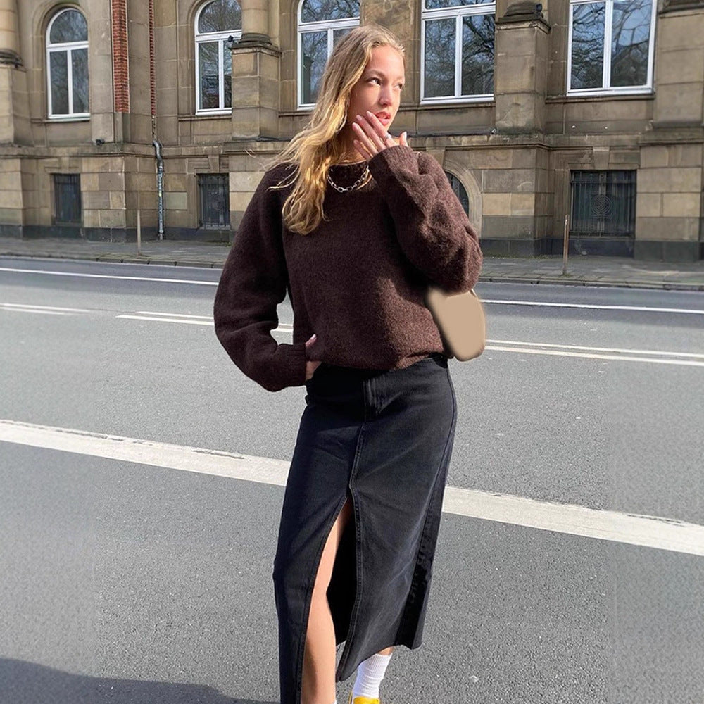 Damen Denim-Midirock mit hoher Taille, Frontschlitz und geradem Schnitt Echoarchiv