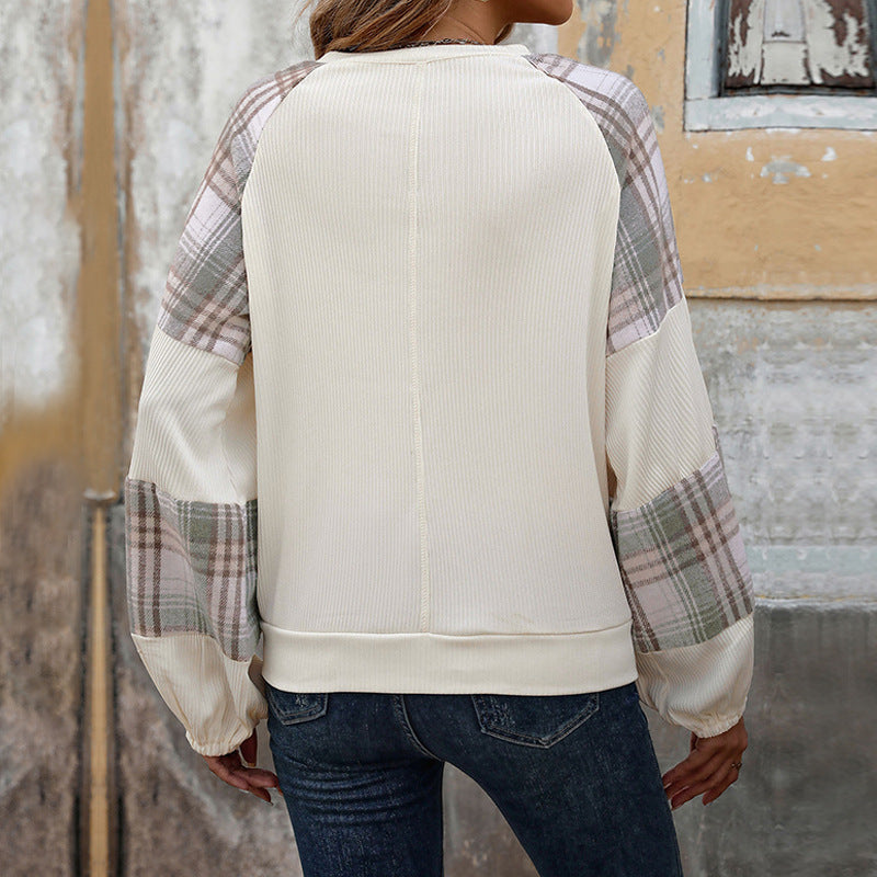 Damen Legeres Raglan-Sweatshirt mit karierten Ballonärmeln, Keyhole-Ausschnitt & gerafften Bündchen Echoarchiv