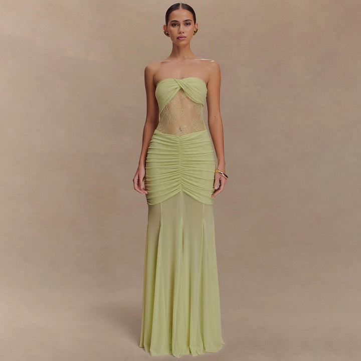 Damen Strapless Maxikleid mit raffinierten Drapierungen und Spitzen-Mix Echo Archiv