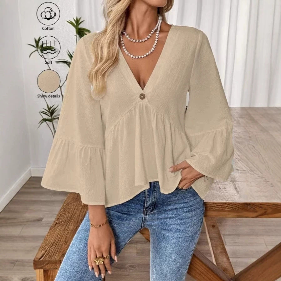 Damen nan elegante Empire-Bluse mit V-Ausschnitt, geraffter Brustnaht und Glockenärmeln Echo Archiv