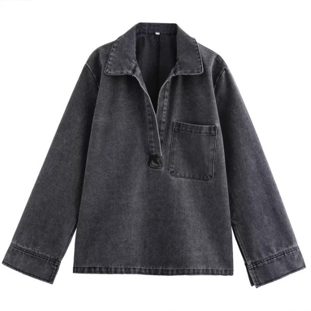 Damen 200+ Oversize Denim‑Hemdbluse mit V‑Ausschnitt und Brusttasche Echo Archiv